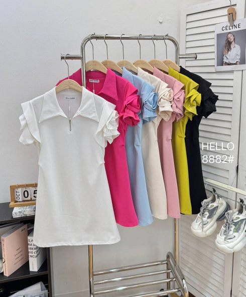 Zipper Collar Down Rose Decor Short Sleeves Mini Dress